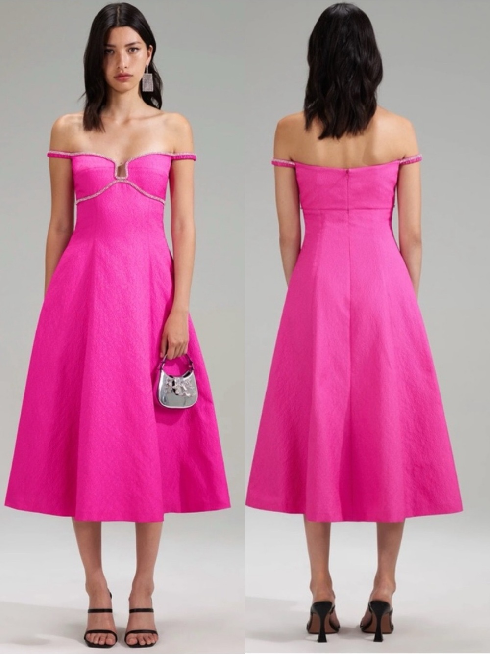 NEW NWT Self Portrait Off The Shoulder Pink Textured Diamanté Detail Midi Dress